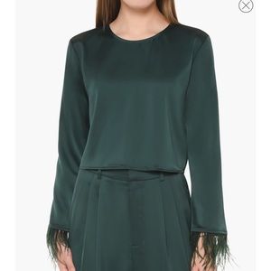 WAYF Merci Feather Cuff Satin Top in emerald. Worn once & dry cleaned! Size XS.